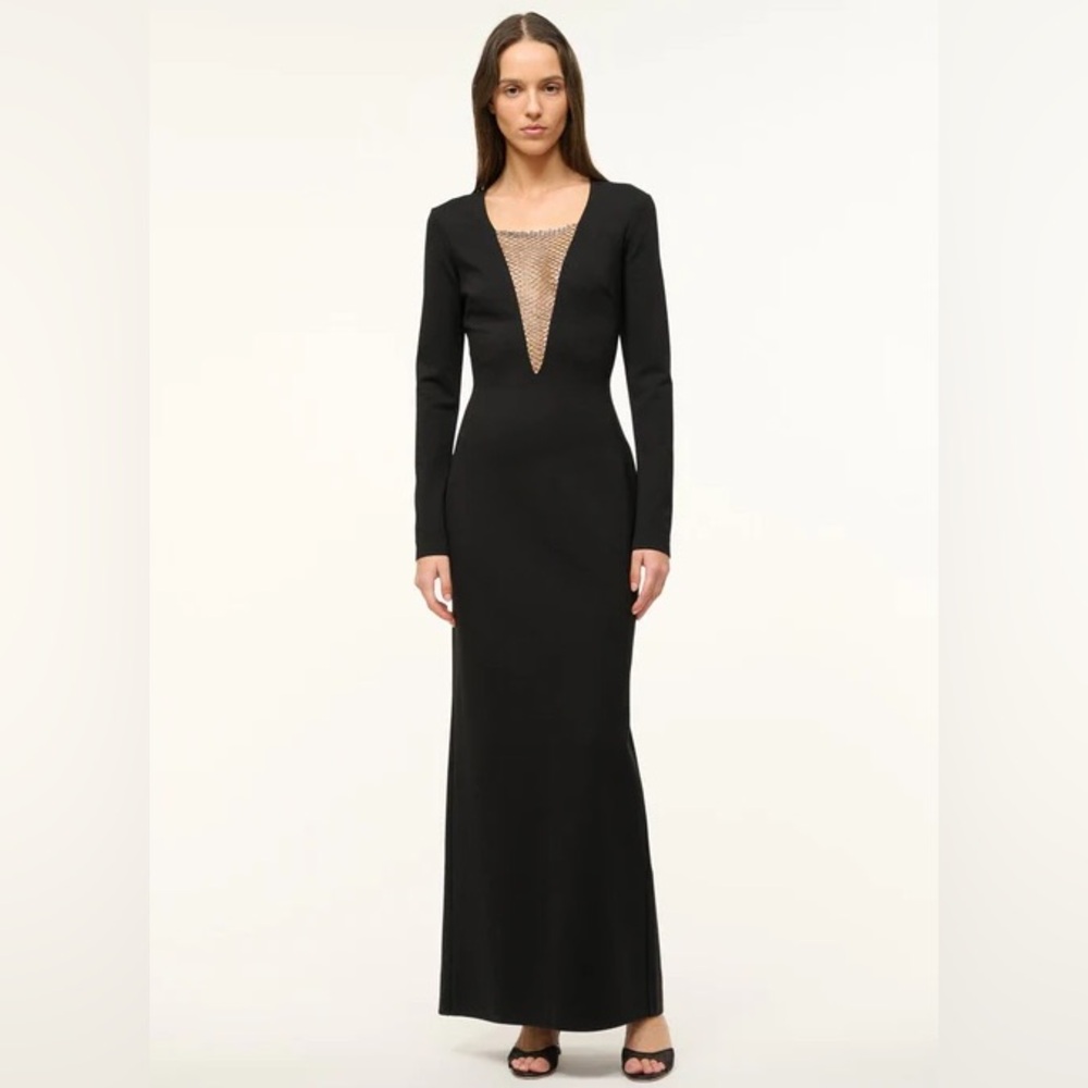 NWT STAUD black beaded long sleeve Kris maxi dress gown mesh v neck jersey